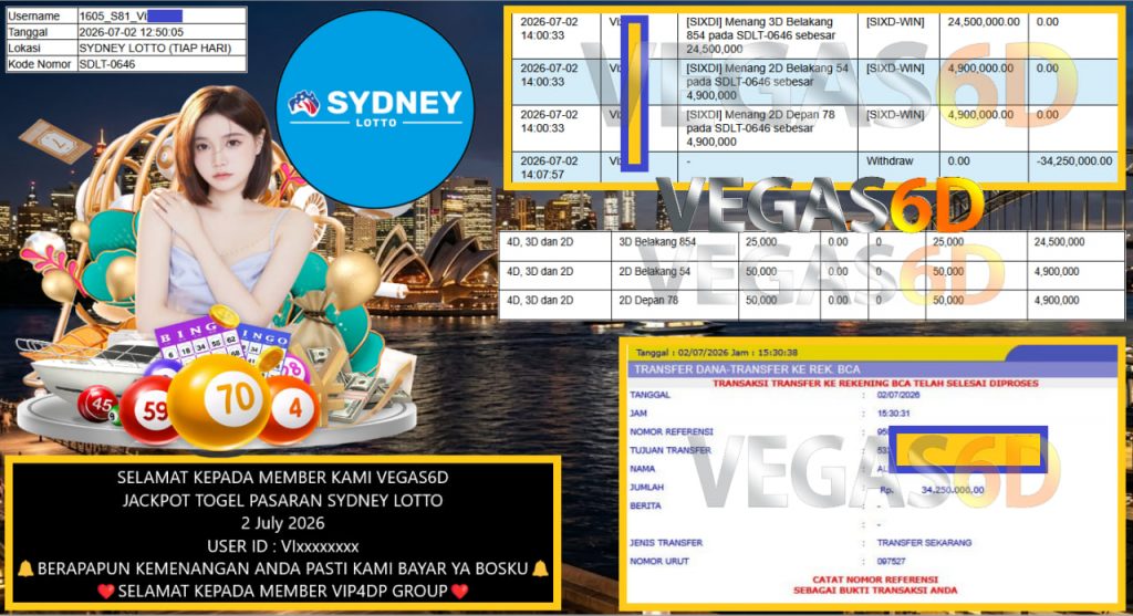 VEGAS6D JACKPOT TOGEL PASARAN SYDNEY LOTTO Rp 34.250.000,- LUNAS