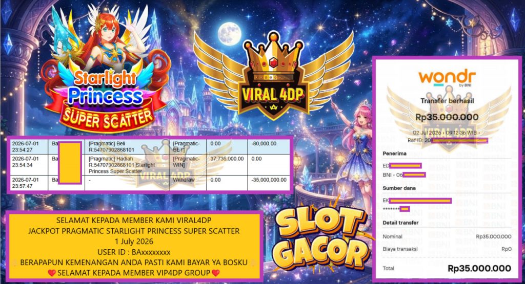 VIRAL4DP JACKPOT PRAGMATIC STARLIGHT PRINCESS SUPER SCATTER Rp 35.000.000,- LUNAS