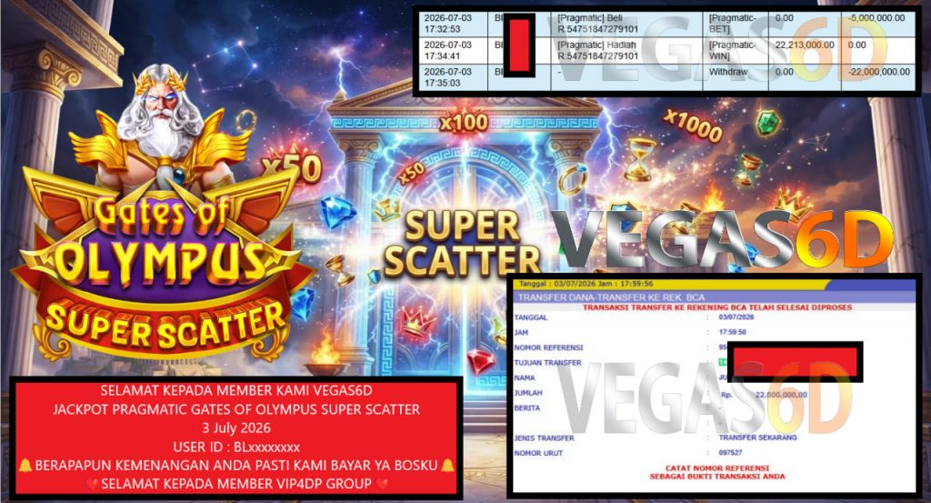 VEGAS6D JACKPOT PRAGMATIC GATES OF OLYMPUS SUPER SCATTER Rp 22.000.000,- LUNAS