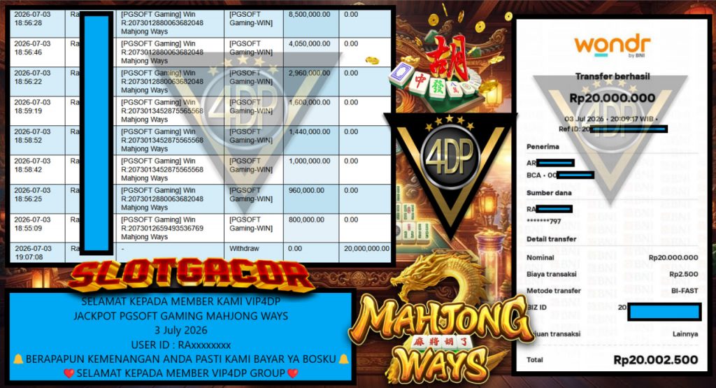 VIP4DP JACKPOT PGSOFT GAMING MAHJONG WAYS Rp 20.000.000,- LUNAS