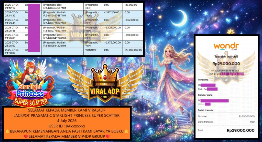VIRAL4DP JACKPOT PRAGMATIC STARLIGHT PRINCESS SUPER SCATTER Rp 29.000.000,- LUNAS