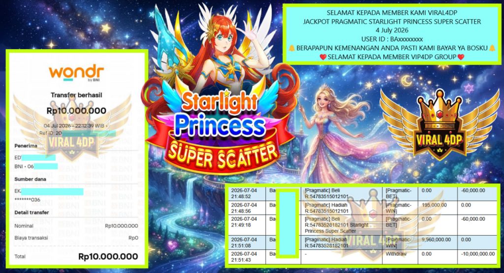 VIRAL4DP JACKPOT PRAGMATIC STARLIGHT PRINCESS SUPER SCATTER Rp 10.000.000,- LUNAS
