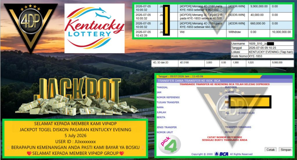 VIP4DP JACKPOT TOGEL DISKON PASARAN KENTUCKY EVENING Rp 10.000.000,- LUNAS