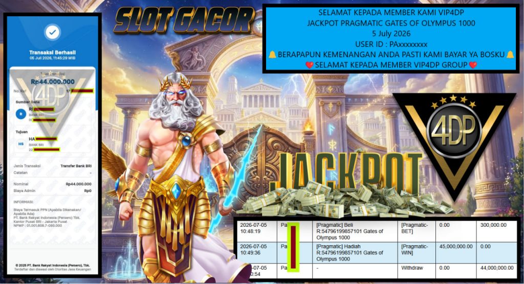 VIP4DP JACKPOT PRAGMATIC GATES OF OLYMPUS 1000 Rp 44.000.000,- LUNAS