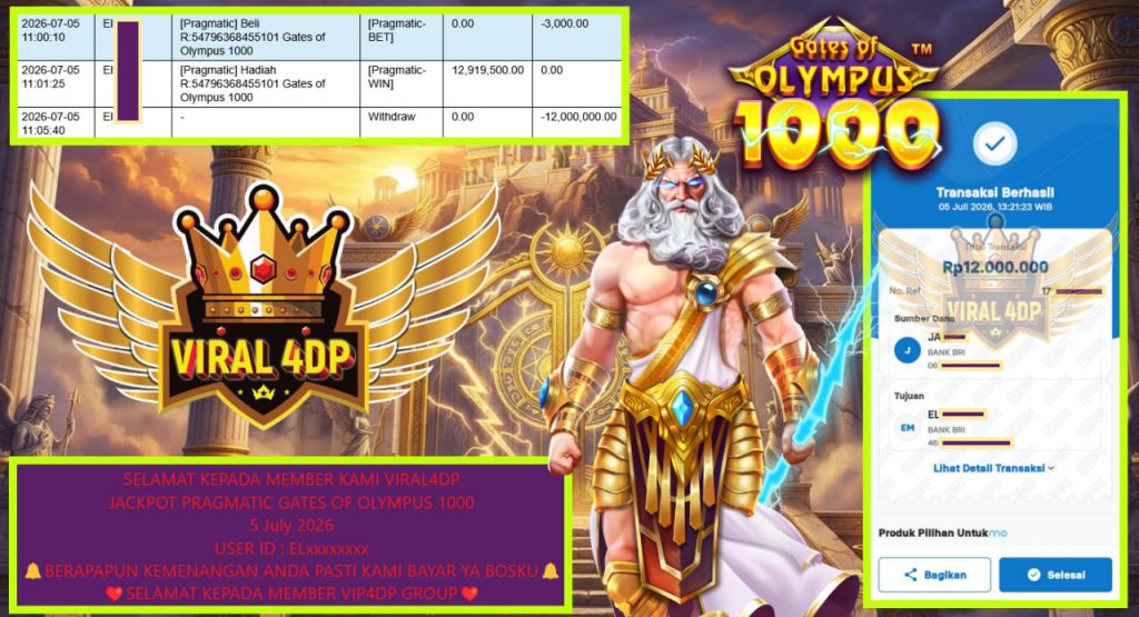 VIRAL4DP JACKPOT PRAGMATIC GATES OF OLYMPUS 1000 Rp 12.000.000,- LUNAS