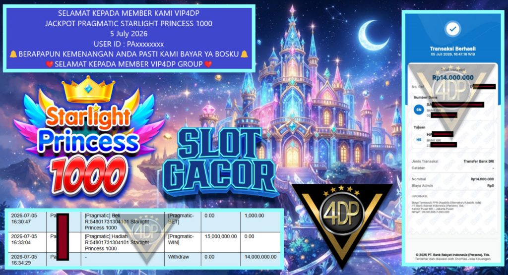 VIP4DP JACKPOT PRAGMATIC STARLIGHT PRINCESS 1000 Rp 14.000.000,- LUNAS