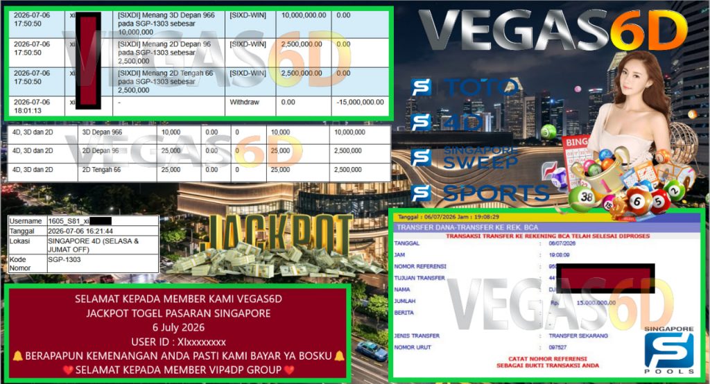 VEGAS6D JACKPOT TOGEL PASARAN SINGAPORE Rp 15.000.000,- LUNAS