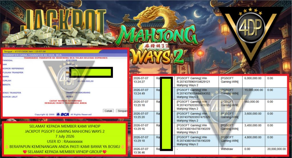 VIP4DP JACKPOT PGSOFT GAMING MAHJONG WAYS 2 Rp 20.000.000,- LUNAS