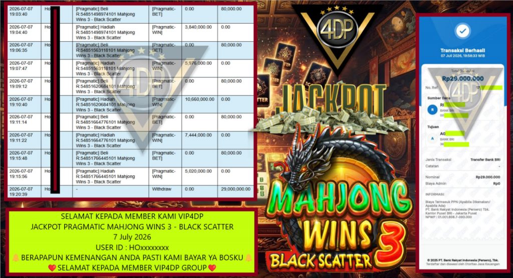 VIP4DP JACKPOT PRAGMATIC MAHJONG WINS 3 – BLACK SCATTER Rp 29.000.000,- LUNAS