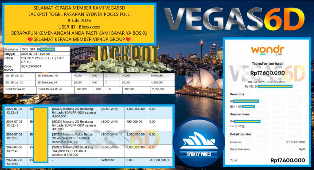 VEGAS6D JACKPOT TOGEL PASARAN SYDNEY POOLS FULL Rp 17.600.000,- LUNAS