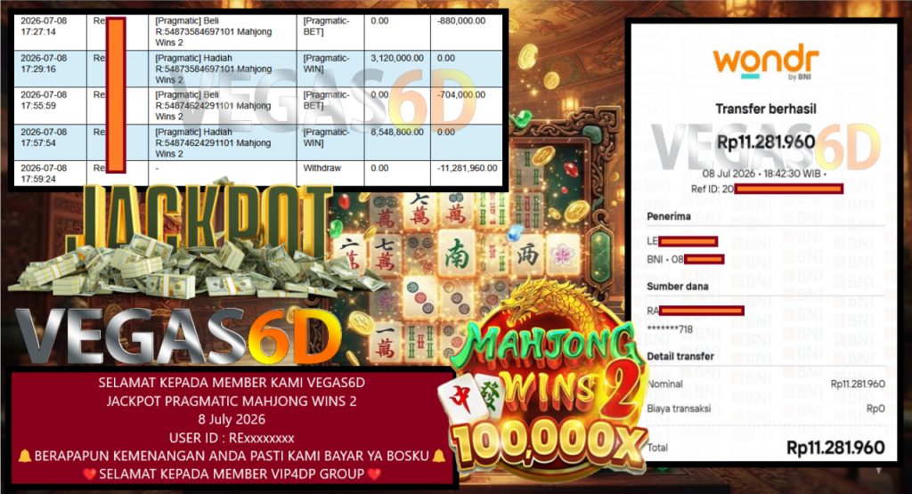 VEGAS6D JACKPOT PRAGMATIC MAHJONG WINS 2 Rp 11.281.960,- LUNAS