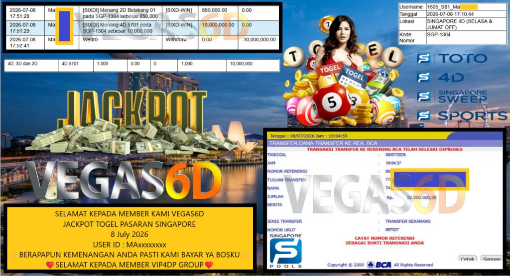 VEGAS6D JACKPOT TOGEL PASARAN SINGAPORE Rp 10.000.000,- LUNAS