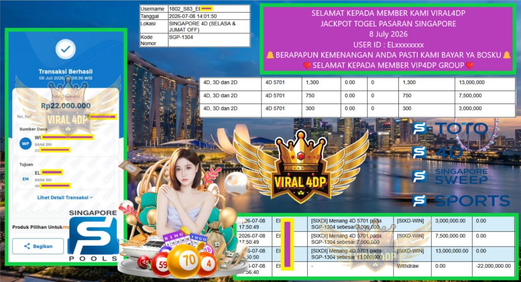 VIRAL4DP JACKPOT TOGEL PASARAN SINGAPORE Rp 22.000.000,- LUNAS