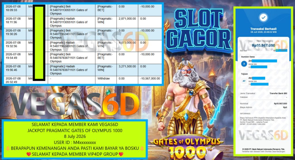 VEGAS6D JACKPOT PRAGMATIC GATES OF OLYMPUS 1000 Rp 10.567.000,- LUNAS