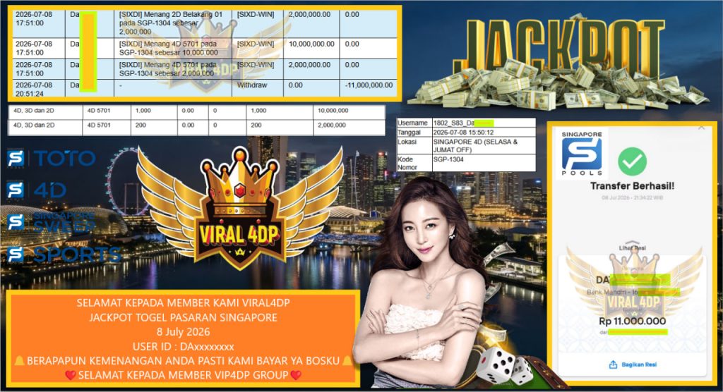 VIRAL4DP JACKPOT TOGEL PASARAN SINGAPORE Rp 11.000.000,- LUNAS