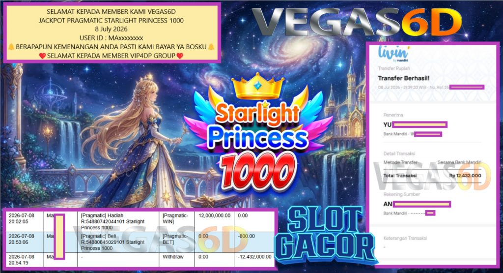 VEGAS6D JACKPOT PRAGMATIC STARLIGHT PRINCESS 1000 Rp 12.432.000,- LUNAS