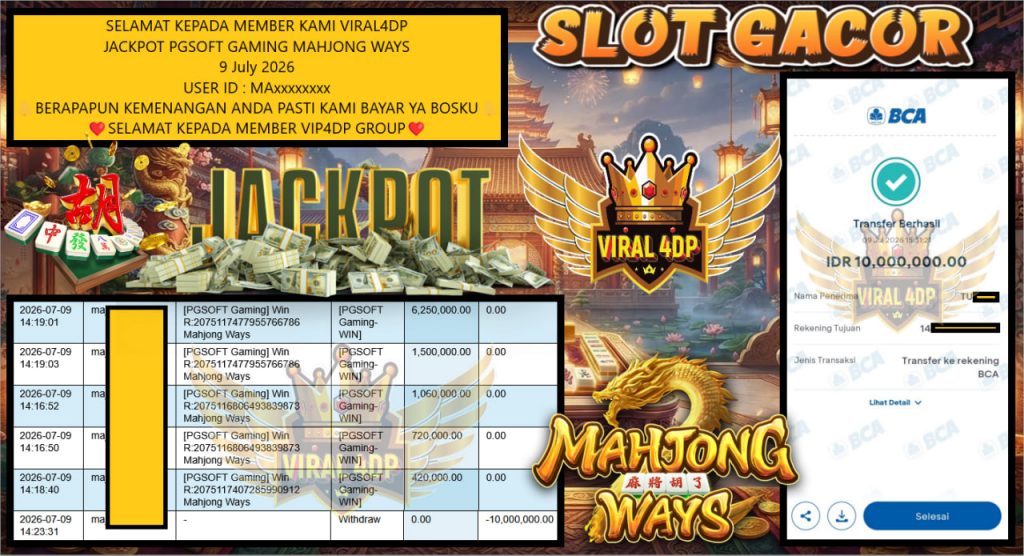 VIRAL4DP JACKPOT PGSOFT GAMING MAHJONG WAYS Rp 10.000.000,- LUNAS