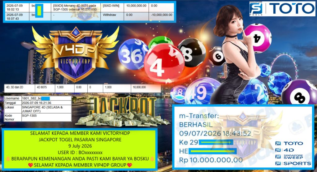 VICTORY4DP JACKPOT TOGEL PASARAN SINGAPORE Rp 10.000.000,- LUNAS