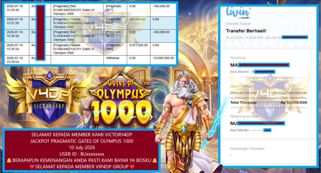 VICTORY4DP JACKPOT PRAGMATIC GATES OF OLYMPUS 1000 Rp 10.000.000,- LUNAS