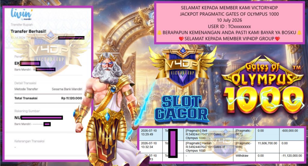 VICTORY4DP JACKPOT PRAGMATIC GATES OF OLYMPUS 1000 Rp 11.120.000,- LUNAS