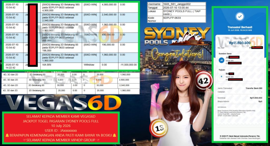 VEGAS6D JACKPOT TOGEL PASARAN SYDNEY POOLS FULL Rp 11.500.000,- LUNAS