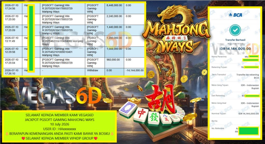 VEGAS6D JACKPOT PGSOFT GAMING MAHJONG WAYS Rp 14.144.000,- LUNAS