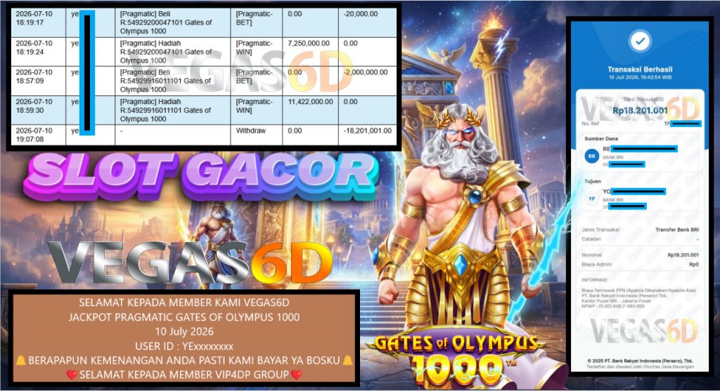 VEGAS6D JACKPOT PRAGMATIC GATES OF OLYMPUS 1000 Rp 18.201.001,- LUNAS