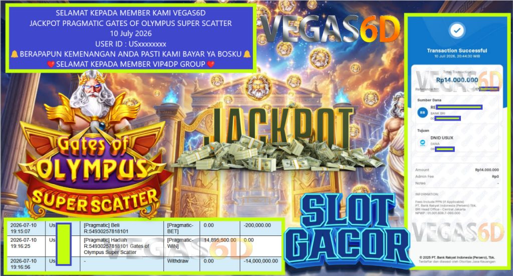 VEGAS6D JACKPOT PRAGMATIC GATES OF OLYMPUS SUPER SCATTER Rp 14.000.000,- LUNAS