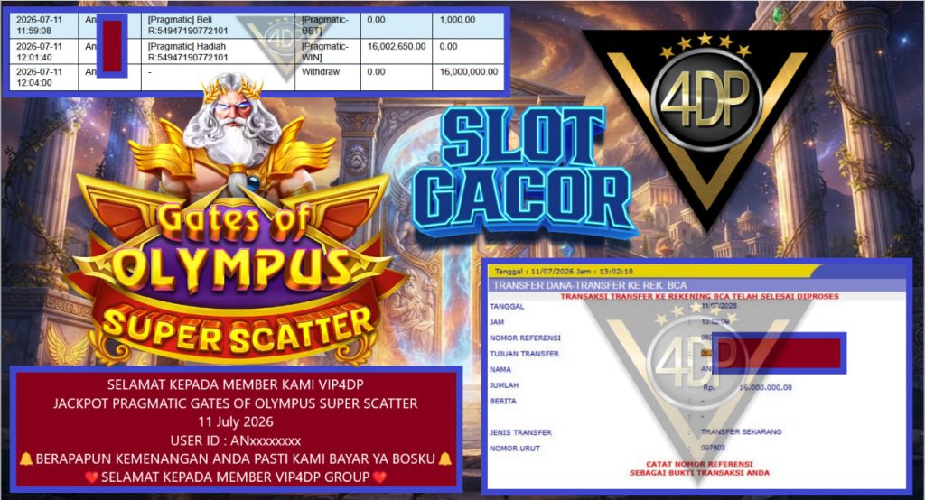 VIP4DP JACKPOT PRAGMATIC GATES OF OLYMPUS SUPER SCATTER Rp 16.000.000,- LUNAS