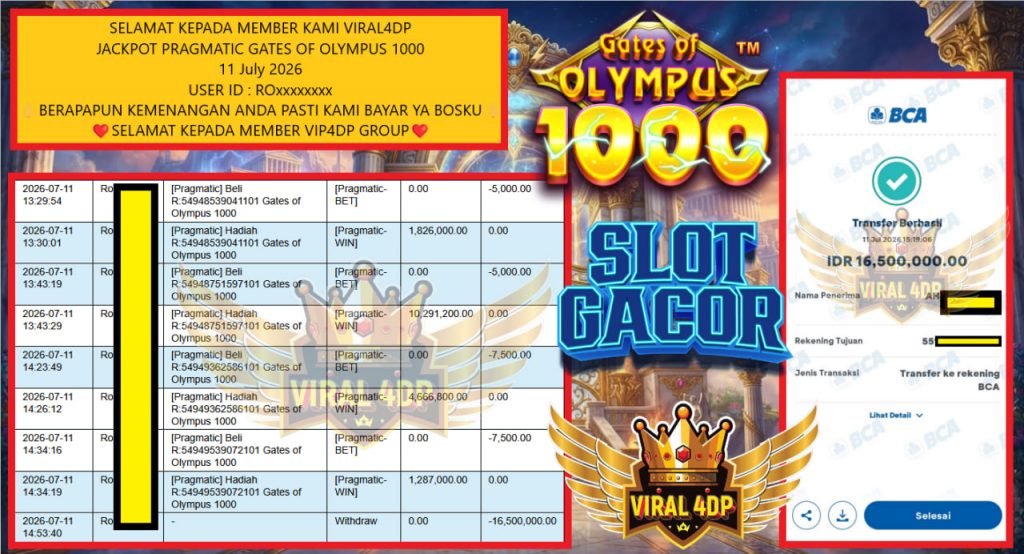 VIRAL4DP JACKPOT PRAGMATIC GATES OF OLYMPUS 1000 Rp 16.500.000,- LUNAS