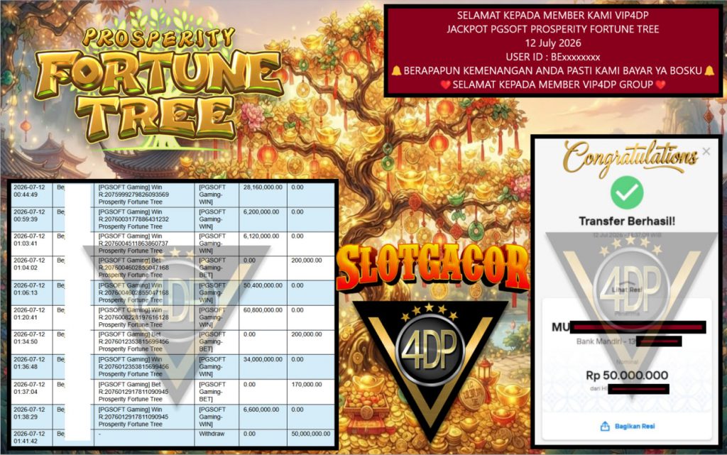 VIP4DP JACKPOT PGSOFT PROSPERITY FORTUNE TREE Rp 100.000.000,- LUNAS