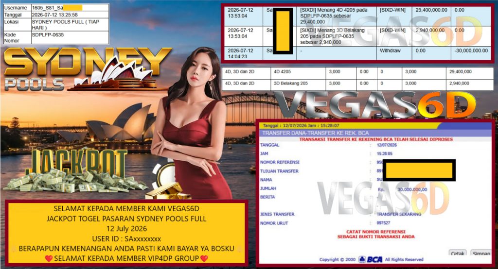 VEGAS6D JACKPOT TOGEL PASARAN SYDNEY POOLS FULL Rp 30.000.000,- LUNAS