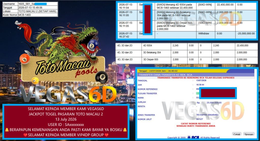 VEGAS6D JACKPOT TOGEL PASARAN TOTO MACAU 2 Rp 25.000.000,- LUNAS