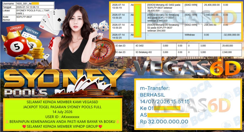 VEGAS6D JACKPOT TOGEL PASARAN SYDNEY POOLS FULL Rp 32.000.000,- LUNAS