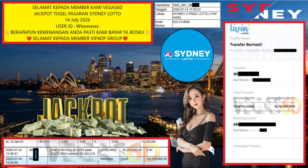 VEGAS6D JACKPOT TOGEL PASARAN SYDNEY LOTTO Rp 16.250.000,- LUNAS