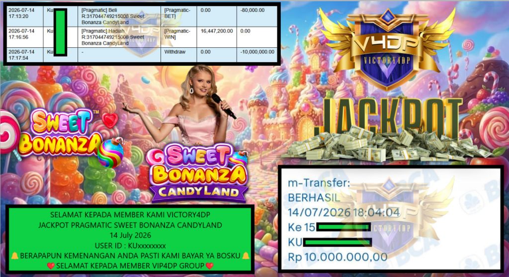 VICTORY4DP JACKPOT PRAGMATIC SWEET BONANZA CANDYLAND Rp 10.000.000,- LUNAS