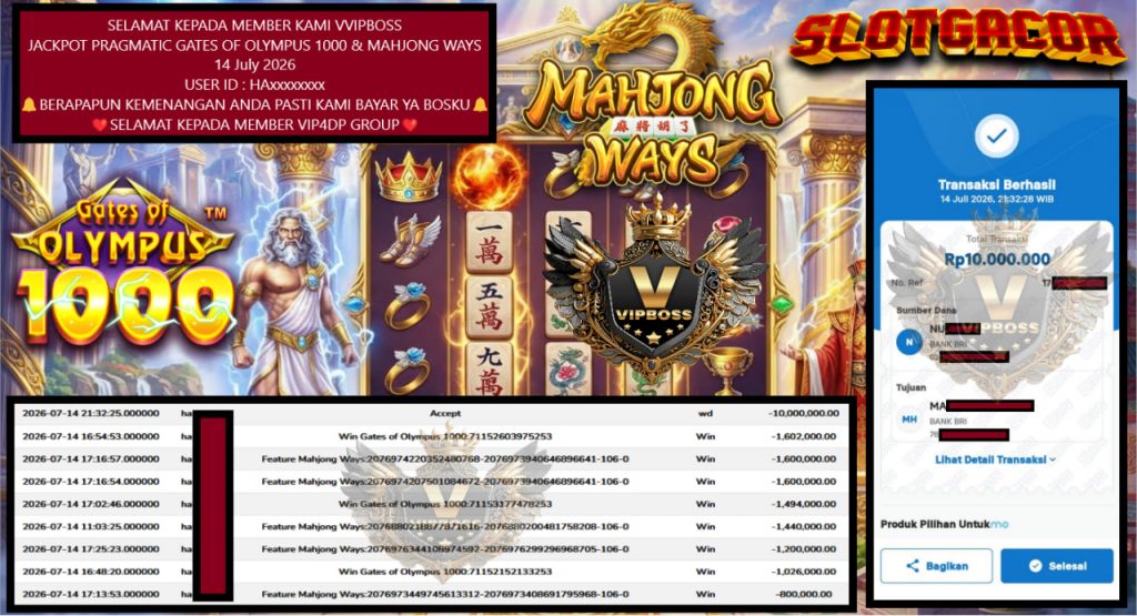 VVIPBOSS JACKPOT PRAGMATIC GATES OF OLYMPUS 1000 & MAHJONG WAYS Rp 10.000.000,- LUNAS