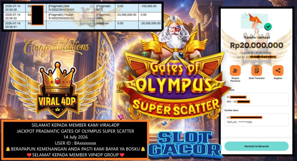 VIRAL4DP JACKPOT PRAGMATIC GATES OF OLYMPUS SUPER SCATTER Rp 20.000.000,- LUNAS