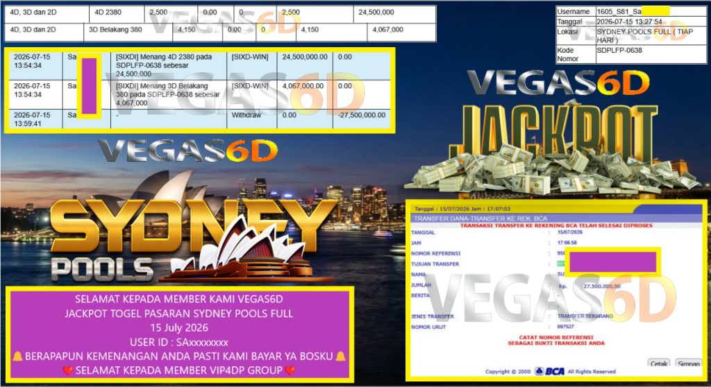 VEGAS6D JACKPOT TOGEL PASARAN SYDNEY POOLS FULL Rp 24.000.000,- LUNAS