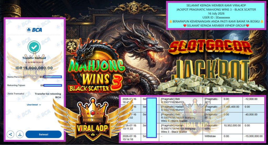VIRAL4DP JACKPOT PRAGMATIC MAHJONG WINS 3 – BLACK SCATTER Rp 15.000.000,- LUNAS