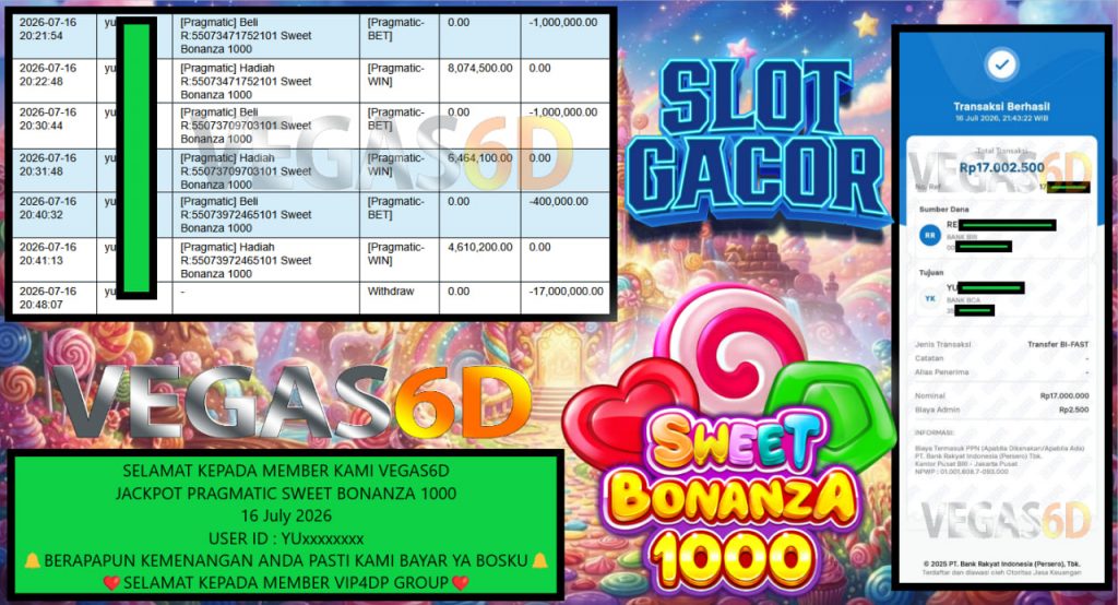 VEGAS6D JACKPOT PRAGMATIC SWEET BONANZA 1000 Rp 17.000.000,- LUNAS