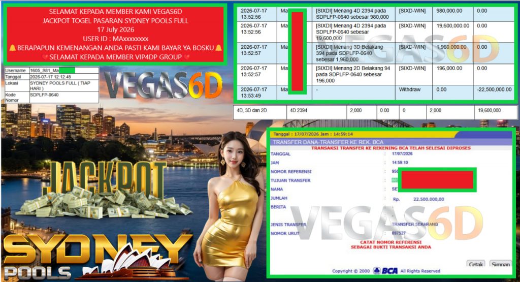 VEGAS6D JACKPOT TOGEL PASARAN SYDNEY POOLS FULL Rp 22.500.000,- LUNAS
