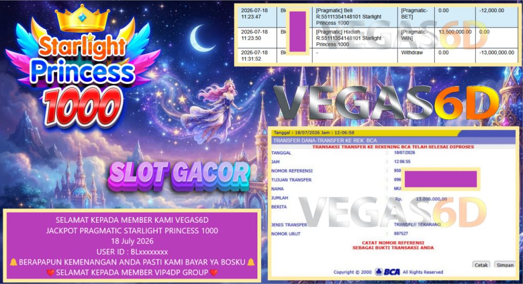 VEGAS6D JACKPOT PRAGMATIC STARLIGHT PRINCESS 1000 Rp 13.000.000,- LUNAS