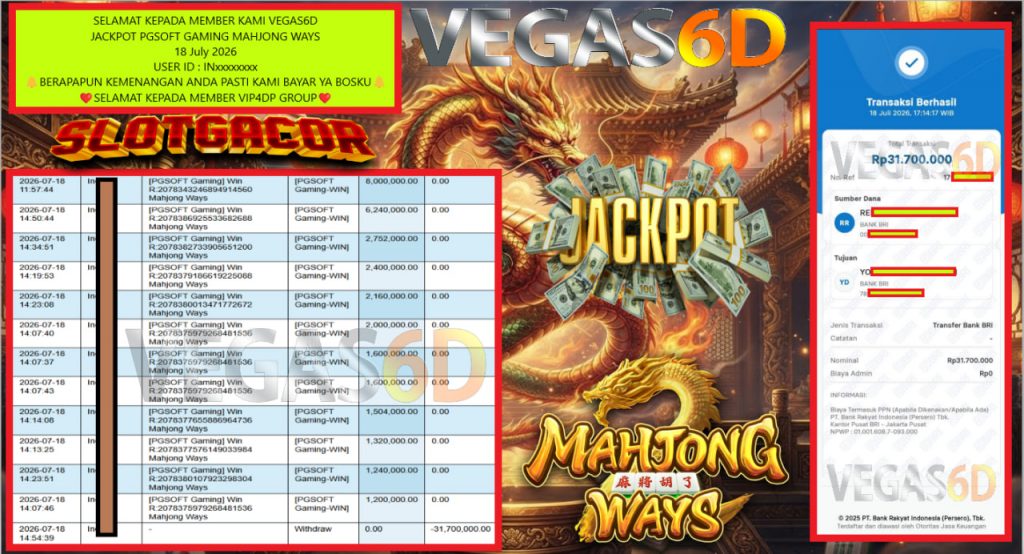VEGAS6D JACKPOT PGSOFT GAMING MAHJONG WAYS Rp 31.700.000,- LUNAS