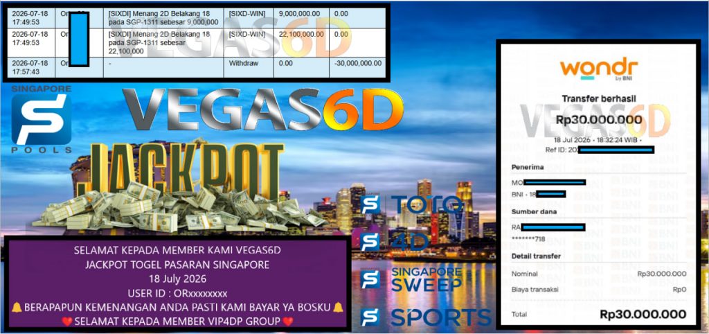 VEGAS6D JACKPOT TOGEL PASARAN SINGAPORE Rp 30.000.000,- LUNAS