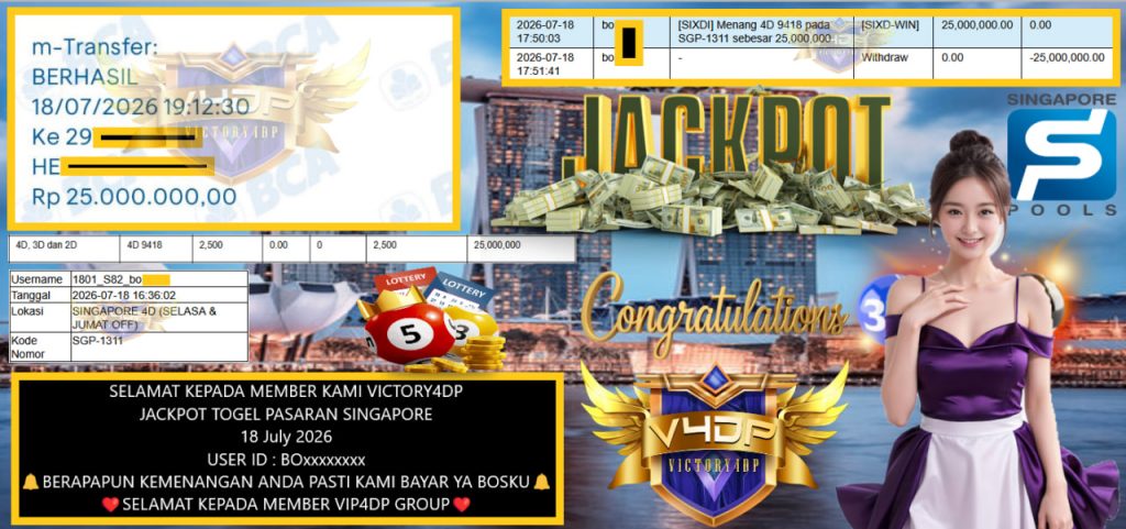 VICTORY4DP JACKPOT TOGEL PASARAN SINGAPORE Rp 25.000.000,- LUNAS