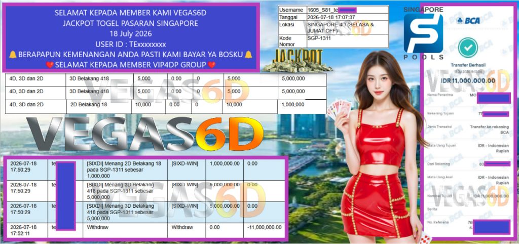 VEGAS6D JACKPOT TOGEL PASARAN SINGAPORE Rp 11.000.000,- LUNAS