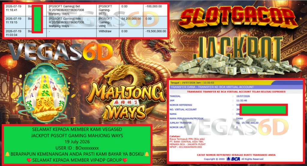 VEGAS6D JACKPOT PGSOFT GAMING MAHJONG WAYS Rp 19.500.000,- LUNAS