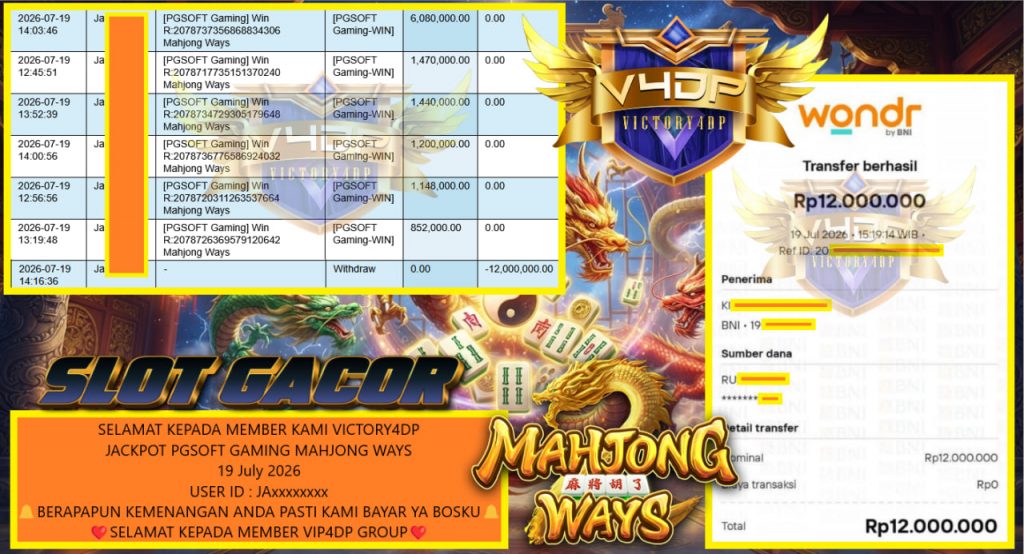 VICTORY4DP JACKPOT PGSOFT GAMING MAHJONG WAYS Rp 12.000.000,- LUNAS