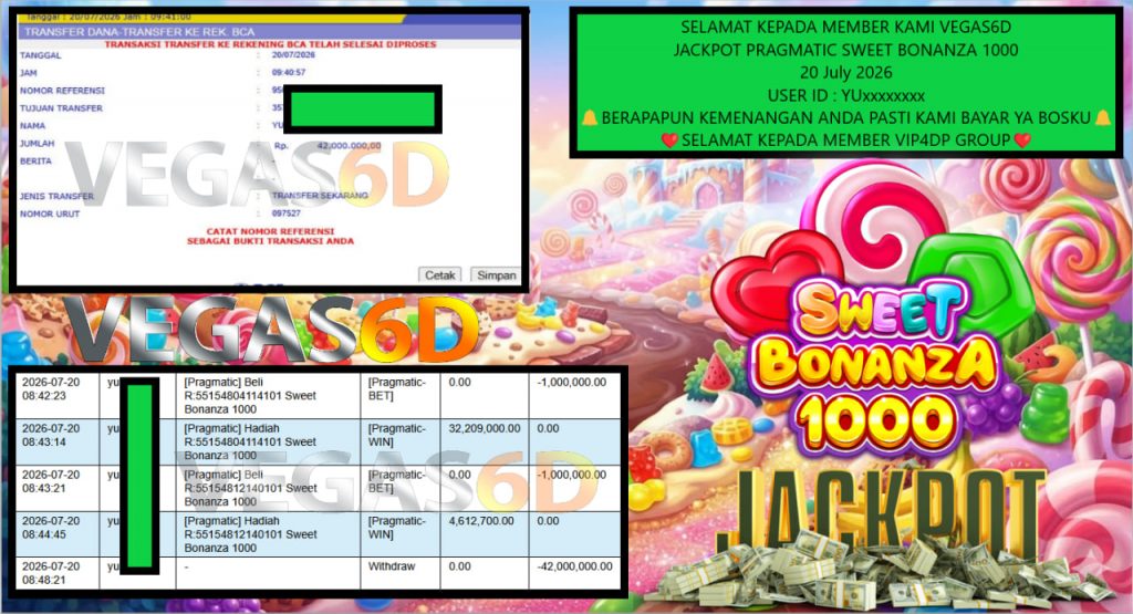 VEGAS6D JACKPOT PRAGMATIC SWEET BONANZA 1000 Rp 42.000.000,- LUNAS